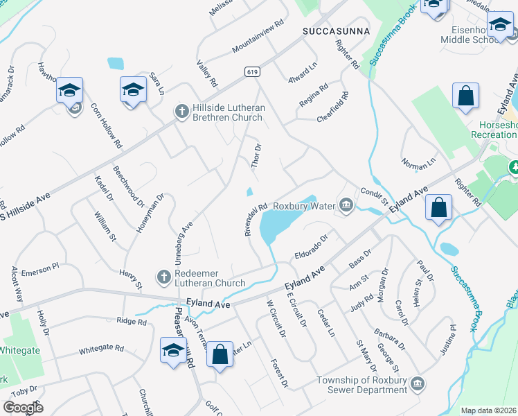 map of restaurants, bars, coffee shops, grocery stores, and more near 33 Rivendell Road in Roxbury Township