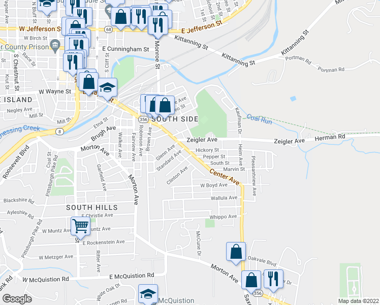 map of restaurants, bars, coffee shops, grocery stores, and more near 40 Hickory Street in Butler