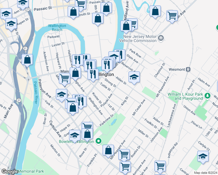 map of restaurants, bars, coffee shops, grocery stores, and more near 227 Hathaway Street in Wallington