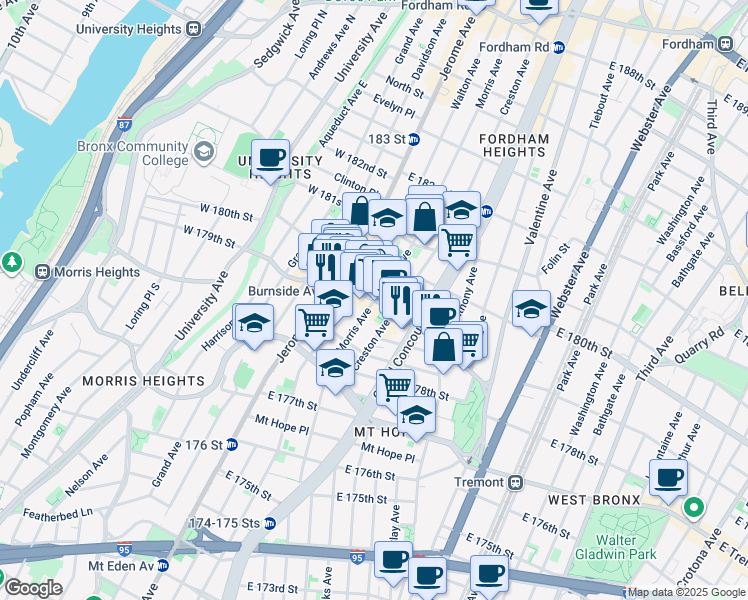 map of restaurants, bars, coffee shops, grocery stores, and more near Morris Ave & E Burnside Ave in Bronx