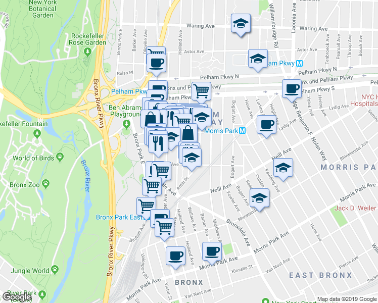 map of restaurants, bars, coffee shops, grocery stores, and more near 2114 Wallace Avenue in Bronx