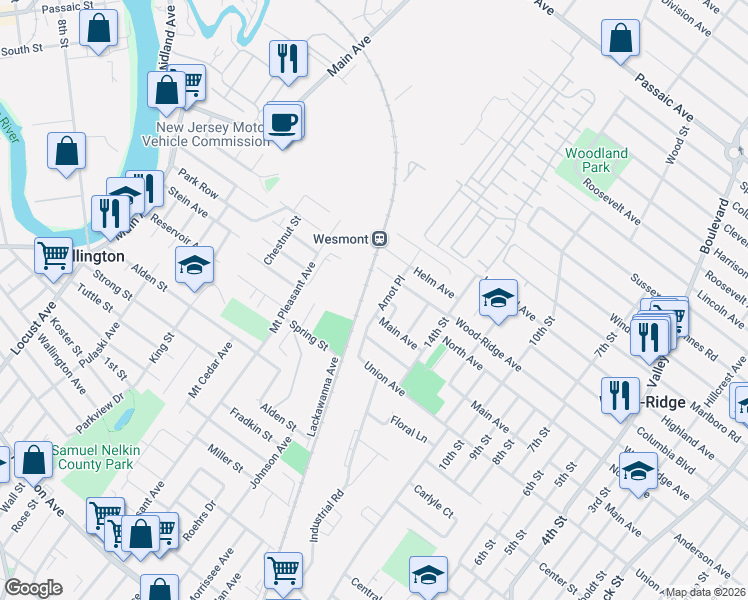 map of restaurants, bars, coffee shops, grocery stores, and more near 154 Main Avenue in Wood-Ridge