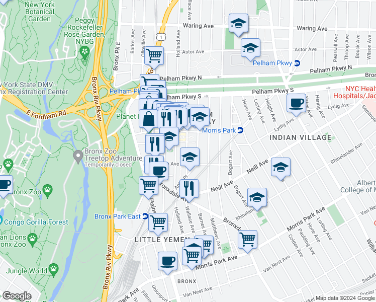 map of restaurants, bars, coffee shops, grocery stores, and more near 2120 Wallace Avenue in Bronx