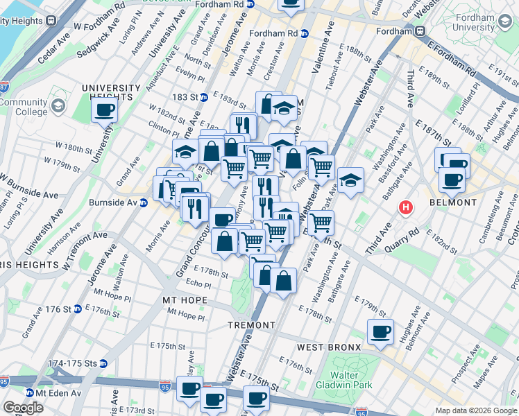 map of restaurants, bars, coffee shops, grocery stores, and more near 2069 Valentine Avenue in Bronx