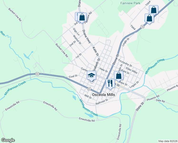 map of restaurants, bars, coffee shops, grocery stores, and more near Spring Street in Osceola Mills