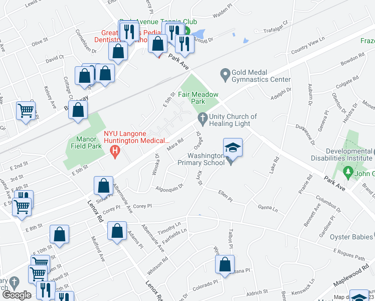 map of restaurants, bars, coffee shops, grocery stores, and more near 23 Osage Drive in Huntington Station