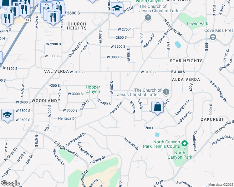 map of restaurants, bars, coffee shops, grocery stores, and more near 183 West 3375 South in Bountiful