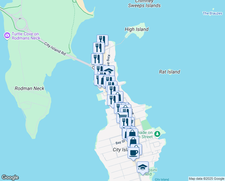 map of restaurants, bars, coffee shops, grocery stores, and more near 521 City Island Avenue in Bronx