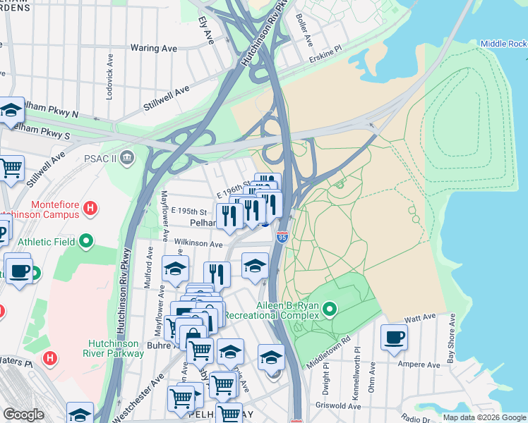 map of restaurants, bars, coffee shops, grocery stores, and more near 3250 Westchester Avenue in Bronx