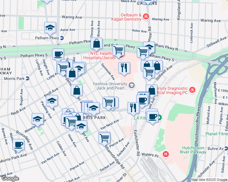 map of restaurants, bars, coffee shops, grocery stores, and more near 1766 Seminole Avenue in Bronx