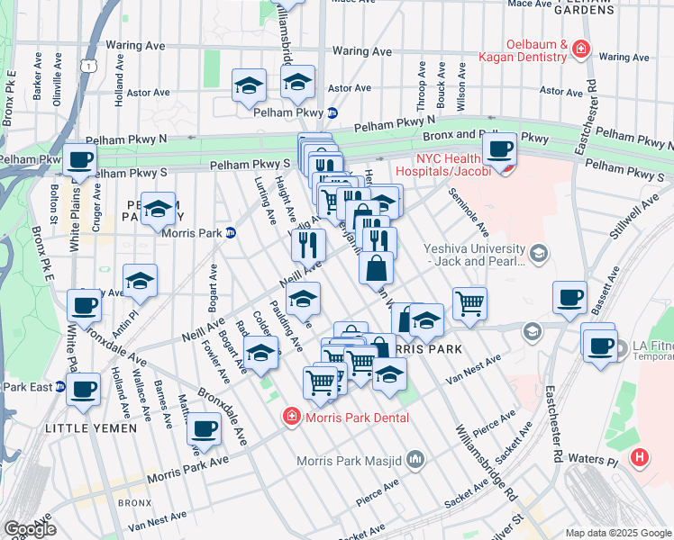 map of restaurants, bars, coffee shops, grocery stores, and more near 1943 Haight Avenue in Bronx