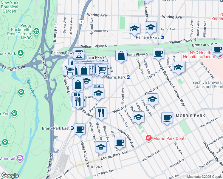 map of restaurants, bars, coffee shops, grocery stores, and more near 2057 Matthews Avenue in Bronx