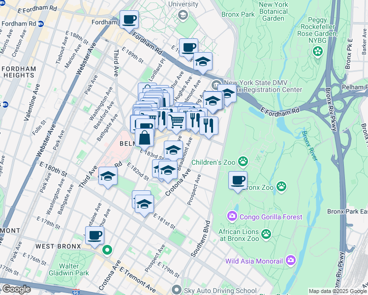 map of restaurants, bars, coffee shops, grocery stores, and more near in The Bronx