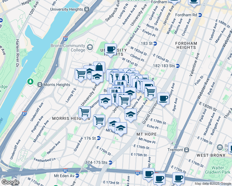 map of restaurants, bars, coffee shops, grocery stores, and more near 1992 Davidson Avenue in Bronx