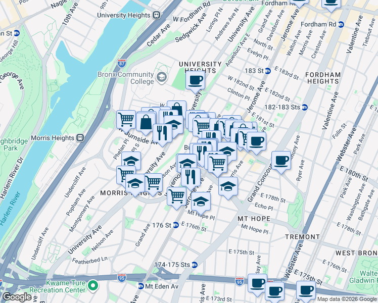 map of restaurants, bars, coffee shops, grocery stores, and more near 1975 Grand Avenue in The Bronx