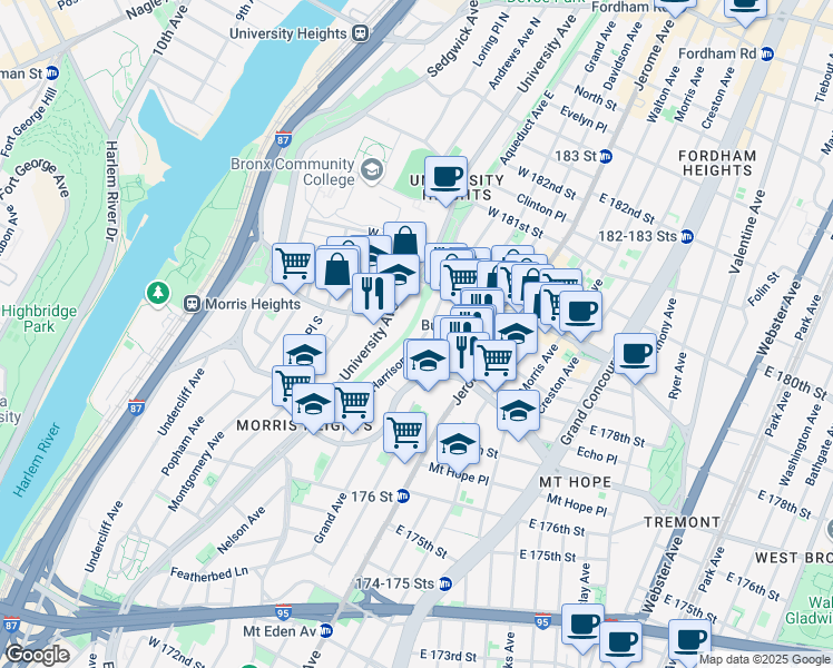 map of restaurants, bars, coffee shops, grocery stores, and more near 1975 Grand Avenue in The Bronx