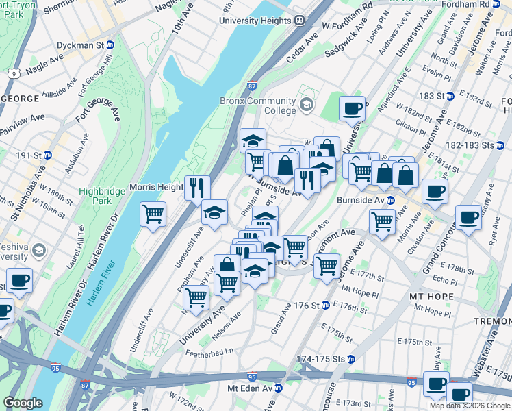 map of restaurants, bars, coffee shops, grocery stores, and more near 1820 Loring Place South in Bronx