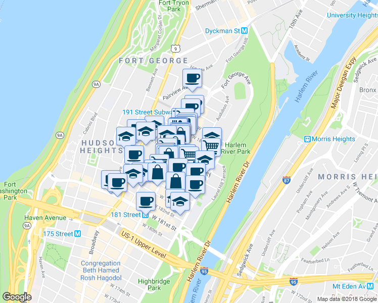 map of restaurants, bars, coffee shops, grocery stores, and more near 580 West 187th Street in New York