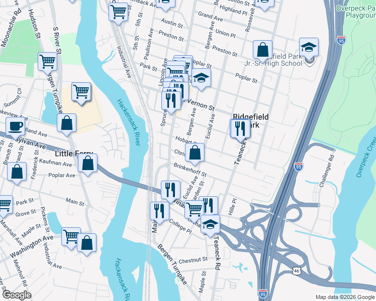 map of restaurants, bars, coffee shops, grocery stores, and more near 40 Brinkerhoff Street in Ridgefield Park