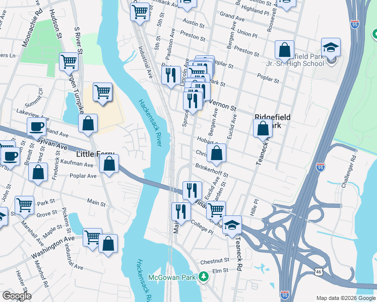 map of restaurants, bars, coffee shops, grocery stores, and more near 15 Brinkerhoff Street in Ridgefield Park