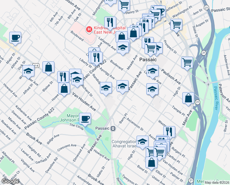 map of restaurants, bars, coffee shops, grocery stores, and more near 252 Passaic Avenue in Passaic