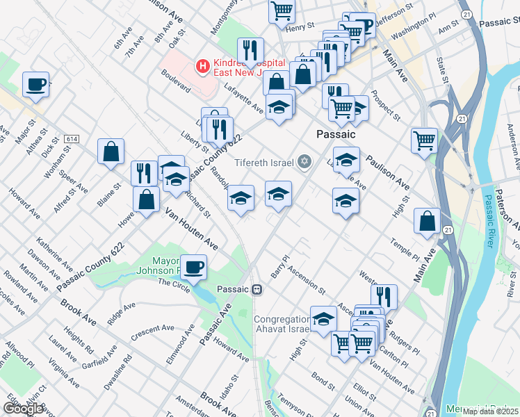 map of restaurants, bars, coffee shops, grocery stores, and more near 250 Passaic Avenue in Passaic