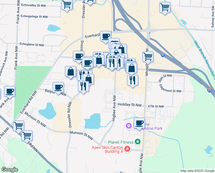 map of restaurants, bars, coffee shops, grocery stores, and more near 4877 Higbee Avenue Northwest in Canton