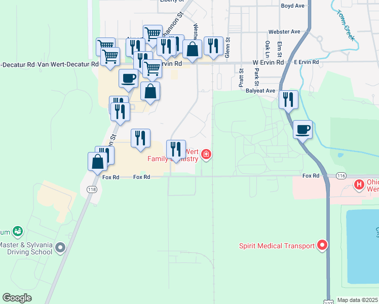 map of restaurants, bars, coffee shops, grocery stores, and more near 1195 Professional Drive in Van Wert
