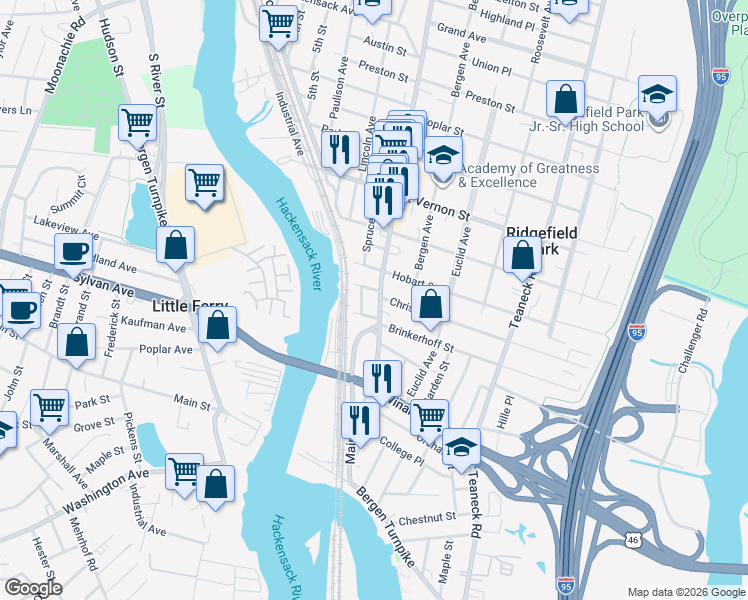 map of restaurants, bars, coffee shops, grocery stores, and more near 15 Brinkerhoff Street in Ridgefield Park