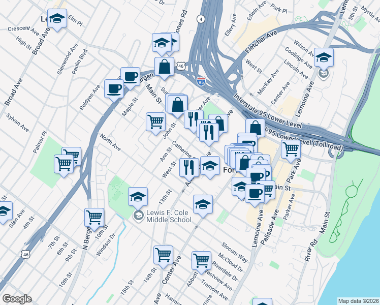 map of restaurants, bars, coffee shops, grocery stores, and more near 424 Elizabeth Street in Fort Lee