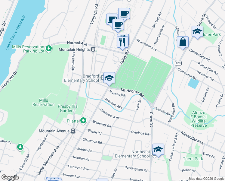 map of restaurants, bars, coffee shops, grocery stores, and more near 41 Macopin Avenue in Montclair
