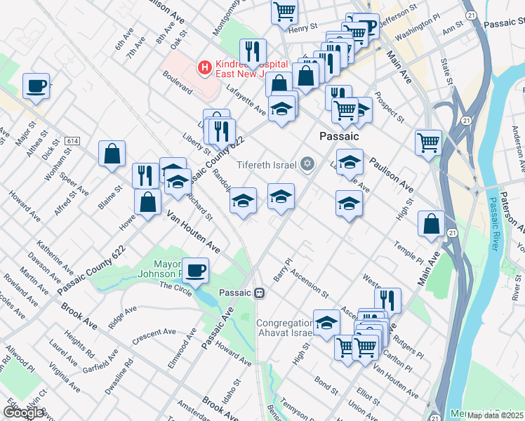 map of restaurants, bars, coffee shops, grocery stores, and more near 250 Passaic Avenue in Passaic