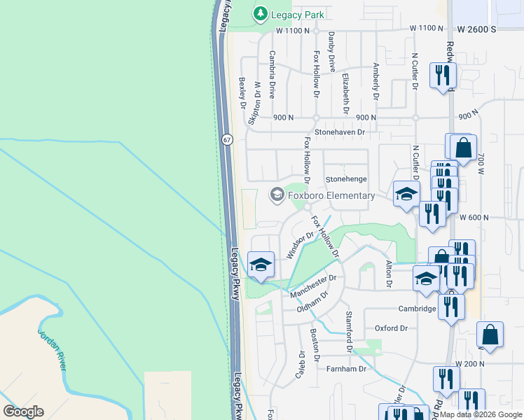 map of restaurants, bars, coffee shops, grocery stores, and more near 587 Foxboro Drive in North Salt Lake