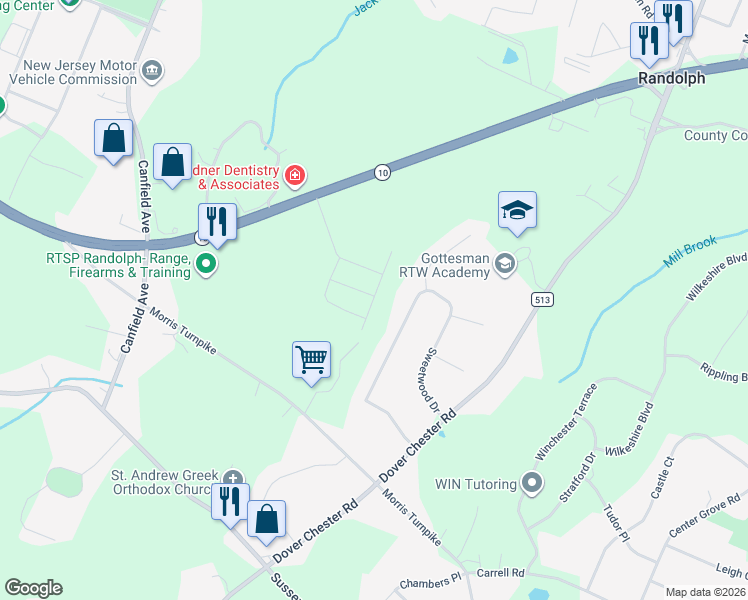 map of restaurants, bars, coffee shops, grocery stores, and more near 28 Sweetwood Drive in Randolph