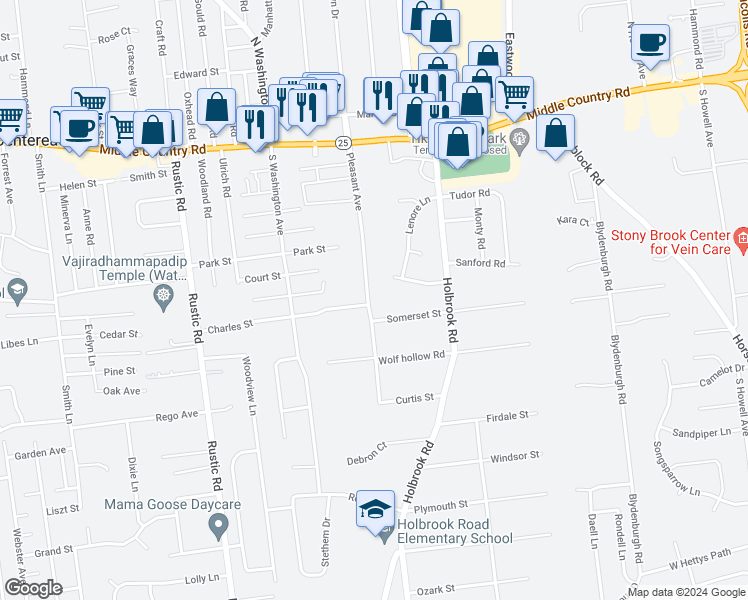 map of restaurants, bars, coffee shops, grocery stores, and more near 57 Pleasant Avenue in Centereach