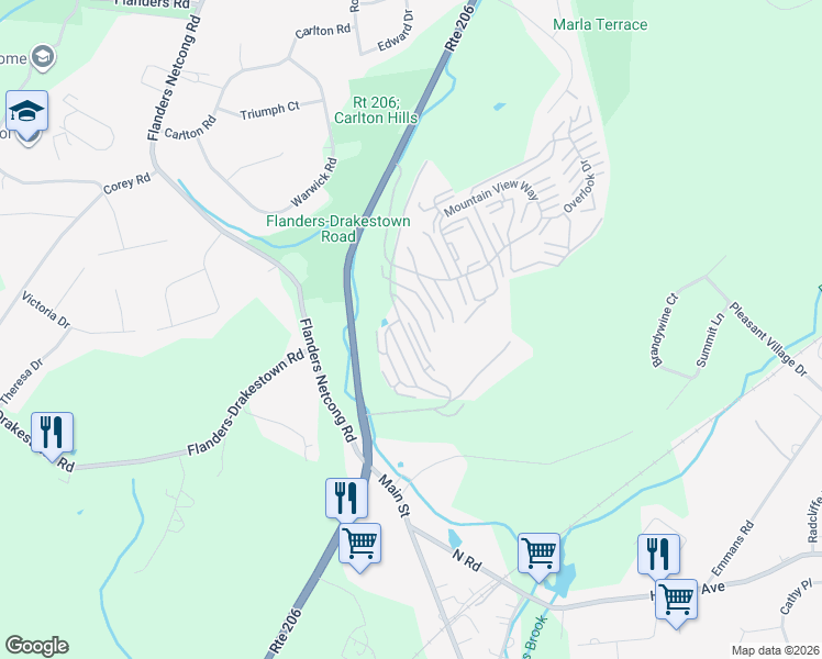 map of restaurants, bars, coffee shops, grocery stores, and more near Oakwood Village in Mount Olive Township