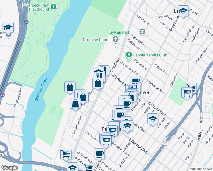 map of restaurants, bars, coffee shops, grocery stores, and more near 445 Grand Avenue in Palisades Park