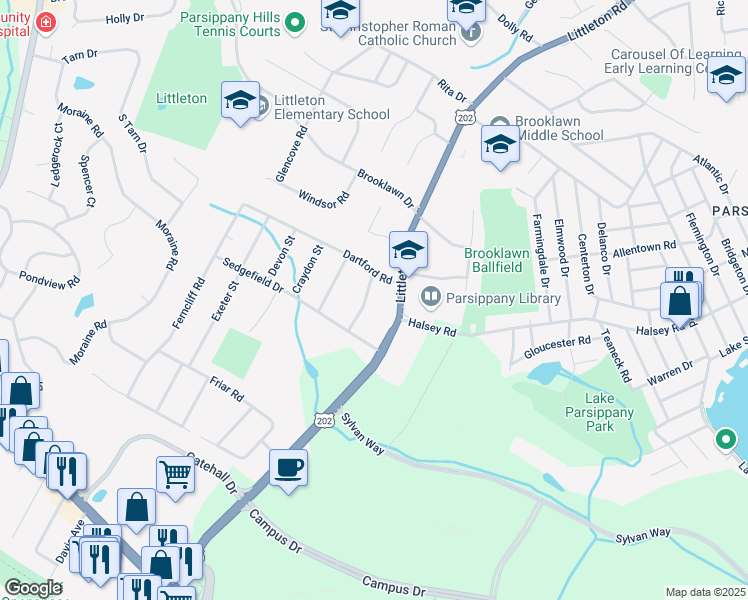 map of restaurants, bars, coffee shops, grocery stores, and more near 1 Abingdon Street in Morris Plains