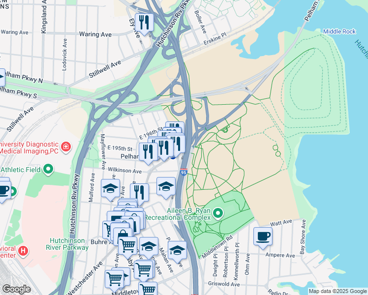 map of restaurants, bars, coffee shops, grocery stores, and more near 2000 Burr Avenue in The Bronx