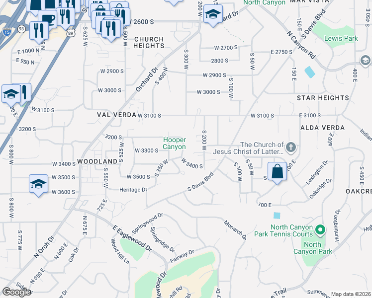 map of restaurants, bars, coffee shops, grocery stores, and more near 3291 South 300 West in Bountiful