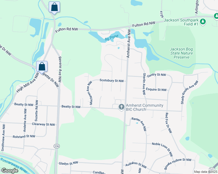 map of restaurants, bars, coffee shops, grocery stores, and more near 4998 Stanbury Circle Northwest in Massillon
