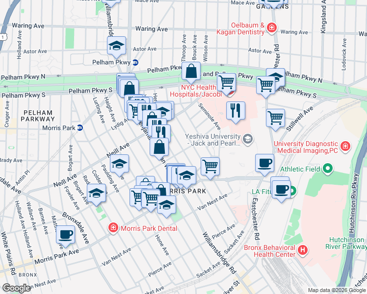 map of restaurants, bars, coffee shops, grocery stores, and more near 1919 Tenbroeck Avenue in Bronx