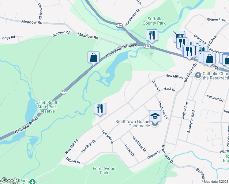 map of restaurants, bars, coffee shops, grocery stores, and more near 18 Mill Dam Road in Smithtown