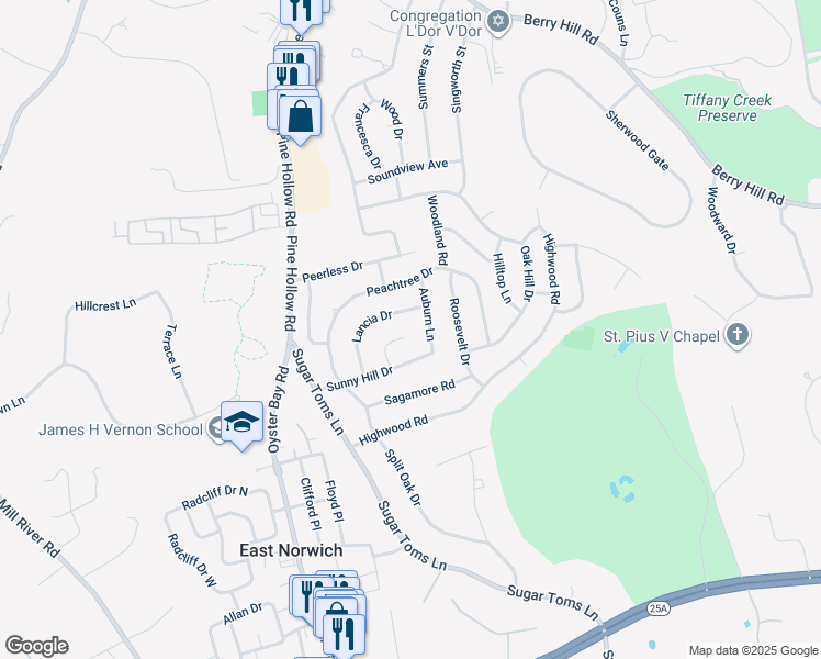 map of restaurants, bars, coffee shops, grocery stores, and more near 124 Lancia Drive in East Norwich