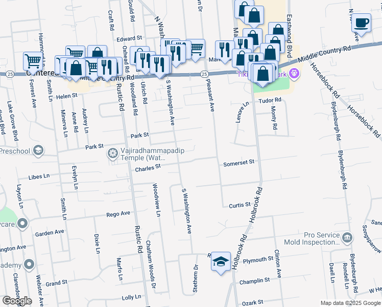 map of restaurants, bars, coffee shops, grocery stores, and more near 14 Court Street in Centereach