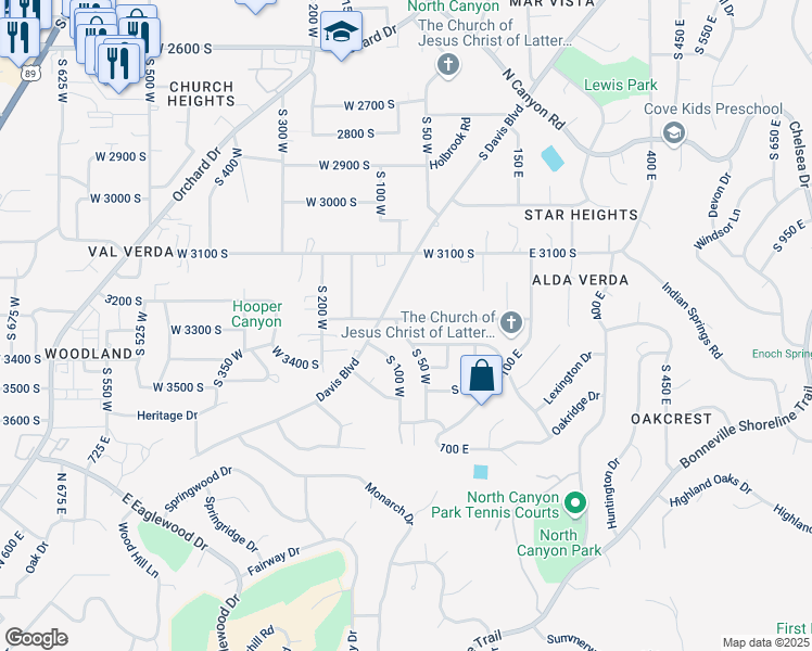 map of restaurants, bars, coffee shops, grocery stores, and more near 3205 South Davis Boulevard in Bountiful