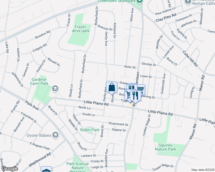 map of restaurants, bars, coffee shops, grocery stores, and more near 33 Grange Street in Huntington