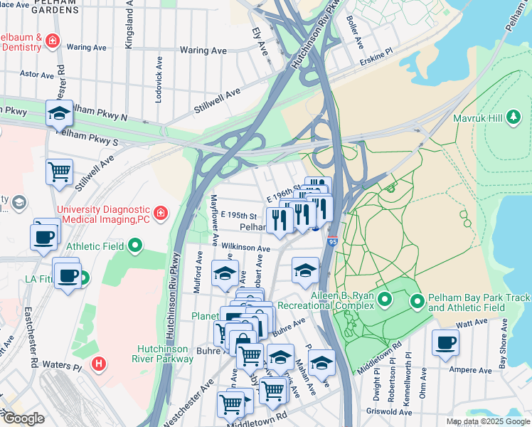 map of restaurants, bars, coffee shops, grocery stores, and more near 2942 East 196th Street in The Bronx