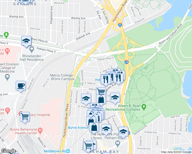map of restaurants, bars, coffee shops, grocery stores, and more near 2889 East 196th Street in The Bronx