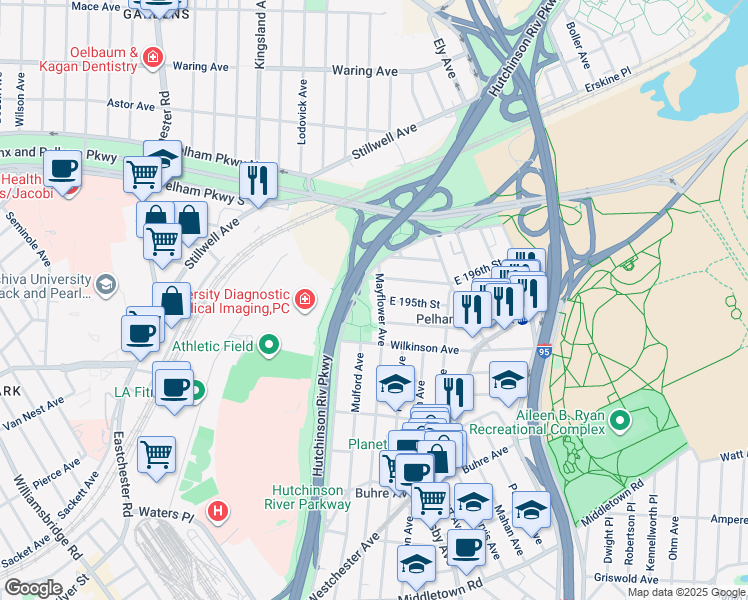 map of restaurants, bars, coffee shops, grocery stores, and more near 2069 Mayflower Avenue in Bronx